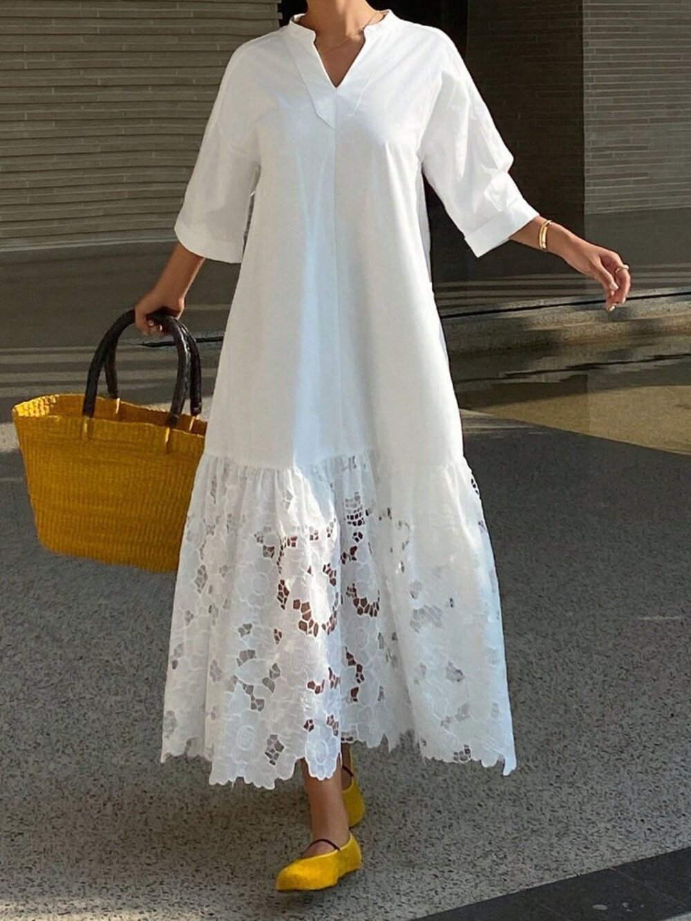 Beige Elegant Casual Women's Lace Patchwork Stand Collar Long Shirt Dress - Picture 3 of 9
